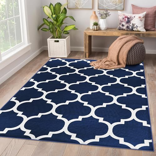 AMEHA Rugs Living Room Large 160x230 cm - Navy Rugs for Bedroom (Ava Navy) | Easy to Clean Non Slip Modern Carpet Non Shedding Trellis Style Durable Soft Low Pile Blue Bedside Rug for Kids Room