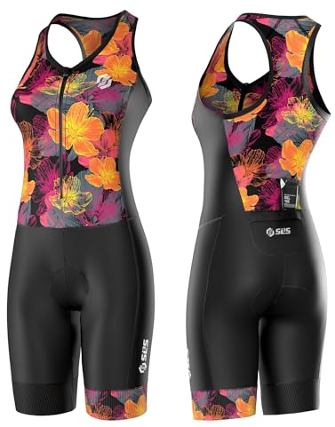 SLS3 Trajes de triatlón para mujer, traje de triatlón de una pieza para mujer, secado rápido y cómodo, sin brasier, Flores negras y amanecer, M
