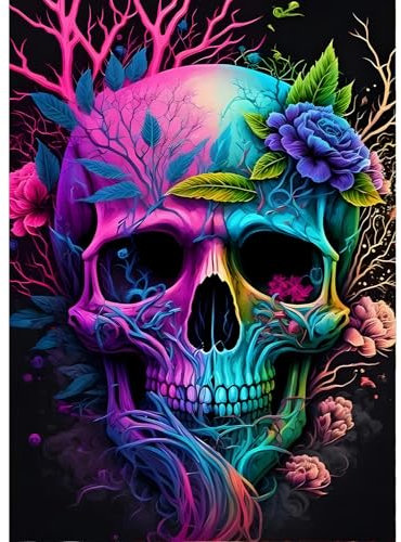 QINRUBB DIY Squelette Crâne Peinture Diamant Painting Kit, 5D Horreur Art du Diamant Complet Kits, Fleurs Diamond Art Kits Point de Croix Painting pour Adultes Débutants Maison Décor 30X40cm