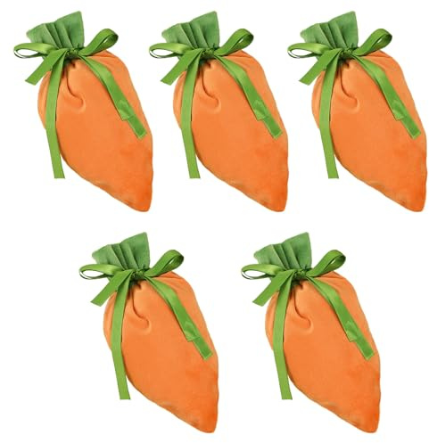 MUNSKT Oster-Samt-Karotten-Beutel, Osterdekorationen 5 Stück Osterbeutel Leckerli-Beutel Süßigkeiten-Geschenkverpackungsbeutel Geburtstags-Party-Gastgeschenke Zubehör Keks-Snack 12x20 Cm, Orange