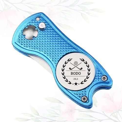 Personalisierbare Pitchgabel mit Ballmarker, Divottool mit Namen individualisiert (Blau)