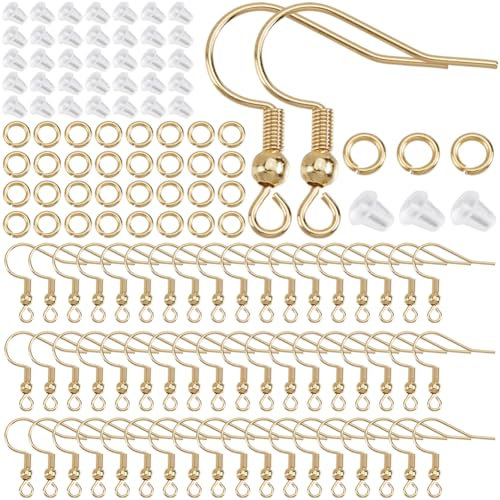 SOFPLATE 160 Sets Real 18K Gold Plated Fish Hook Earring Findings Gold Earring Hooks with Earring Backs Jump Rings Stainless Steel French Dangle Hanging Earring Wires for Jewellery Making DIY Crafts