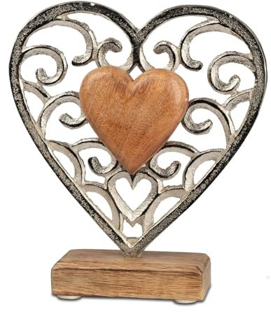formano Deko Herz Aluminium Mangoholz Sockel 17 x 15 cm Dekoaufsteller Tischdeko Silber Skulptur Moderne Wohndeko Herz-Figur Geschenkidee Wohnzimmer Büro