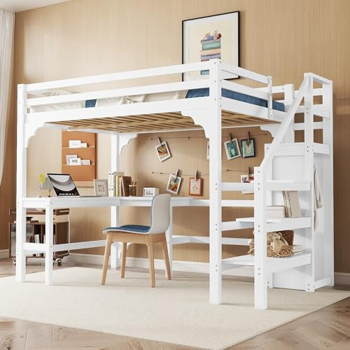 Bett Holzbett 140x200 cm, Bett Hochbett Doppelbett mit Treppe & Stauraum Kleiderschrank, Jugendbett Familienbett mit Tisch & Rausfallschutz, Weiß (Ohne Matratze)