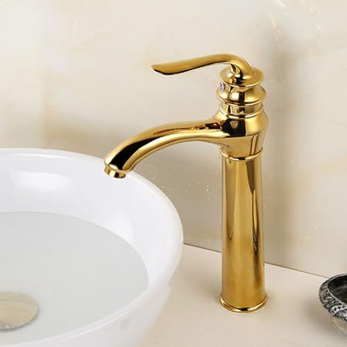 BiaoTeng Grifo Baño Oro Alto Latón Frio y Caliente Grifo Dorado para Lavabo Sobre Encimera Monomando Grifo Baño Lavabo Oro