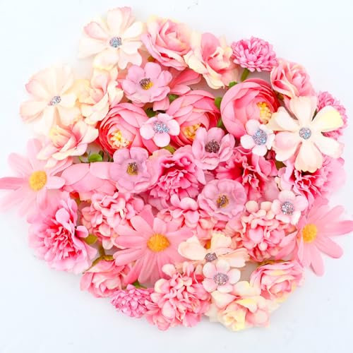 PORUPAEL 40 Stück Kunstblumen Blumenköpfe, Blumen zum Basteln mit 10 Stile, Künstliche Blumen Mini Seidenblumen, Künstliche Blütenköpfe für Kuchendekorationen Hochzeit Home DIY Scrapbooking (Rosa)