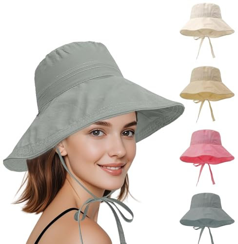 Shyllin Sombreros de Sol para Mujer, Sombrero Mujer Verano con Cordón Cortavientos, ala Ancha, Protección Solar UPF 50+ UV - Bucket Hat para Playa, Viajes y Jardinería (FR/ES, Números, 58, Gris)