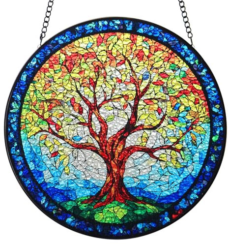 Baum des Lebens Buntglas-Fensteraufhängung – Sonnenfänger für Innen- und Außendekoration, Kunsthandwerker-Glasscheiben für Haus und Garten, Wandkunst, einzigartiger Sonnenfänger, Einweihungsgeschenk