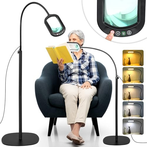 Veemagni 10X Rectangular Magnifying Glass with Light and Stand, 24 Flexible Gooseneck Floor Lamp, 3-in-1 LED 5 Color Modes Stepless Dimmable, Lighted Magnifier Hands Free for Reading, Crafting, Hobby