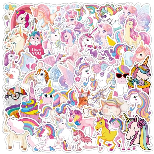 ParPix 50 Stück Einhorn Sticker Mädchen, Groß 6,5cm Sticker Einhorn Geburtstagsdeko,Deko Einhorn Aufkleber, Wasserfeste Aufkleber Einhorns Geburtstag,Einhörner Sticker für Koffer Laptops Wasserflasche