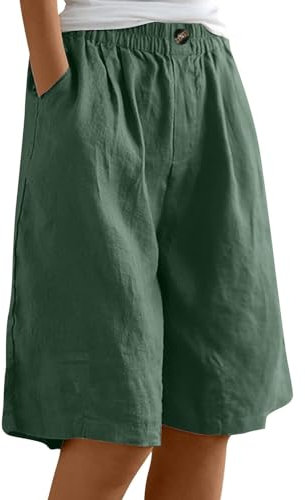 Generico Pantaloncini Donna Estivi Eleganti Casual Pantaloni di Lino Estivi Larghi Gamba Larga Bermuda con Tasche Vacanza Taglie Forti Shorts Donna Comodi Elastico in Vita Vita Alta Pantaloni Corti