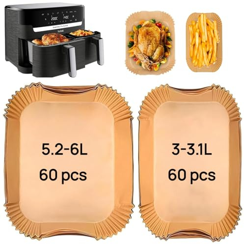 Cecanndila 120 Stück Backpapier für Philips Dual Basket Airfryer 3000/5000 Series 6L/3L & Philips NA352/00, NA550/00, Backpapier für Heißluftfritteuse Tefal 5.2/3.1L Dual Easy Fry