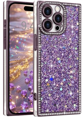 LAPOPNUT Glitter Phone Case for iPhone 14 Pro Max,Bling Rhinestones,Purple | Sparkly Bling Sequin, Crystal Diamonds Camera Protection, Rasied Rectangle Protective Shockproof Cover,Cute for Women Girls