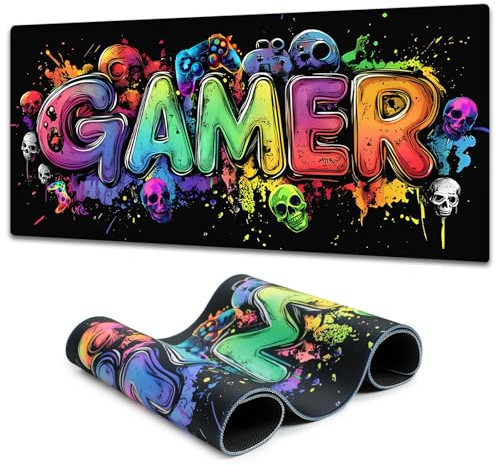 SparkLia Gamer Blacklight Mouse Pad – UV Reactive Neon Gaming Desk Mat with Skull Design, Waterproof Extended Large Mousepad with Non-Slip Rubber Base for Computer Keyboard – 80 x 30 cm