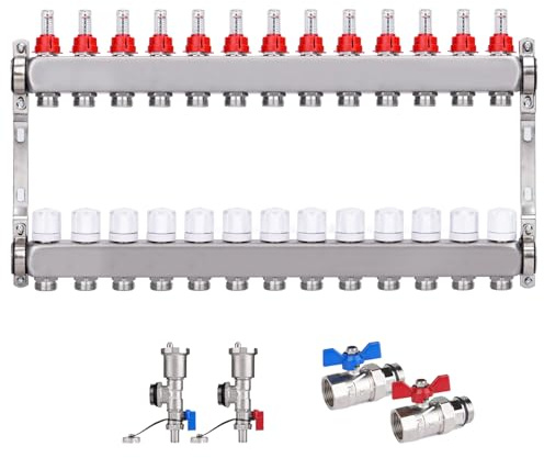 Edelstahl Heizkreisverteiler für Fußbodenheizung [13 Heizkreise, Entlüfter 1/2, 2X Kugelhähne 1] Verteiler mit Durchflussmesser (0.5-5 L/Min), Anschlüsse für Eurokonus 3/4