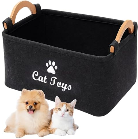 QhgPnt Cat Toy Box, Dog Toy Box, Large Felt Pet Toy Basket with Wooden Handle, 38cm Storage Organizer for Cats & Dogs, Kids Toys, Ideal for Small Spaces, Living Room, Bedroom (Black)