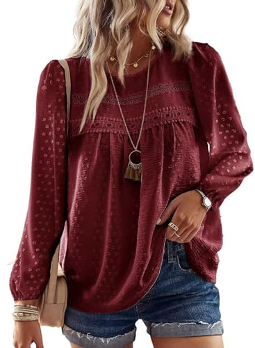 TUUHAW Dam boho T-shirt rund hals topp långärmad spetsblus topp chic och elegant skjorta höst tunika, Bordeaux, M