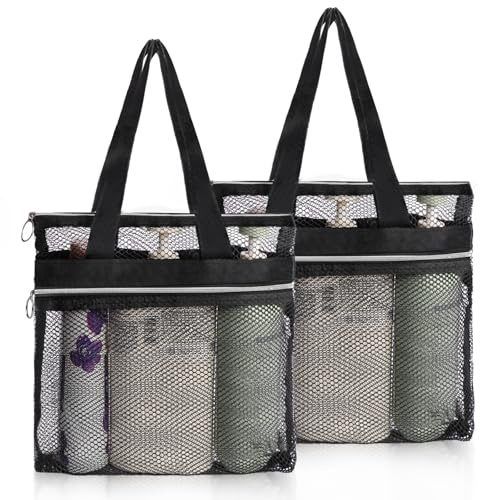 OSDUE Mesh Shower Caddy Bag, 2PCS Portable Toiletry Tote Hanging Wash Bag with Zipper, Quick Dry Shower Tote Bag for College Dorms, Gym, Swimming, Beach, Camping, Travel(Black)