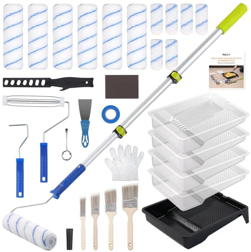 INCLY 32PCS Paint Roller Kit with 2 to 4 Ft Extension Pole, 4 & 9 Paint Rollers with 11'' Tray, Paint Brushes, Painting Supplies for Home Interior, House, Ceiling, Walls and Professional Painting