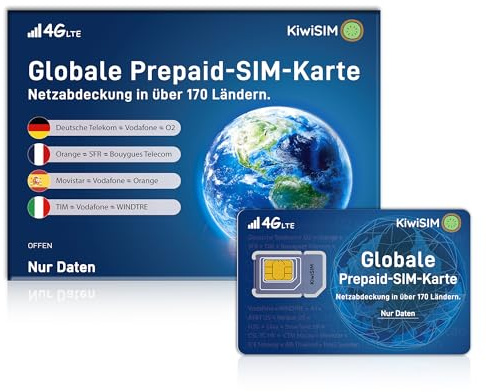 KiwiSim Prepaid SIM Karte – 4G LTE Globale Nutzung in 170 Ländern und Regionen | Kompatibel mit Telefónica, O₂, Vodafone | Für Smartphones, Hotspots, Kameras und GPS-Geräte