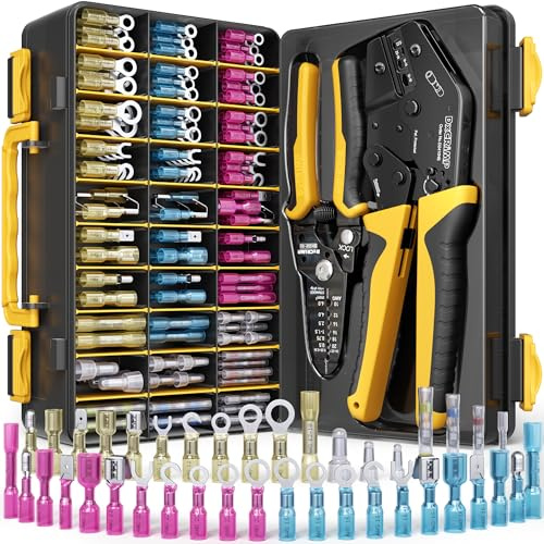 DxCRIMP Crimpzange Set für Schrumpfverbinder - 40 Typen 0,25-6,0 mm² Lötverbinder & Quetschverbinder - Ratschen Kabelschuhzange & Abisolierzange - Wasserdichtes Sortiment für KFZ Boot