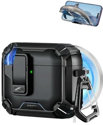Kompatible mit AirPods 4 Hülle 2024, One-Touch Automatische Schnappverschluss Hülle mit 360° Stoßschutz, TPU Robustes Armor mit Karabiner & Handgelenkband - Schwarz