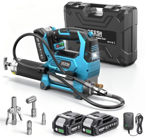 Seesii 12.000PSI Pompe à Graisse Électrique avec 2 Batteries, 3 Vitesses | Tuyau de 1.2m, Raccord à 90°, 3 Embout, (et Compatible avec la Batterie Makita 18 V), pour Équipements Lourds