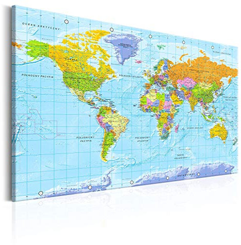 B&D XXL polnische Weltkarte Pinnwand & Vlies Leinwand Bild 90x60 cm XXL Bilder mit Kork Rückwand Set mit 50 Markierfähnchen-Pinnnadeln Korktafel Kunstdruck Wandbilder Lernkarte Landkarte