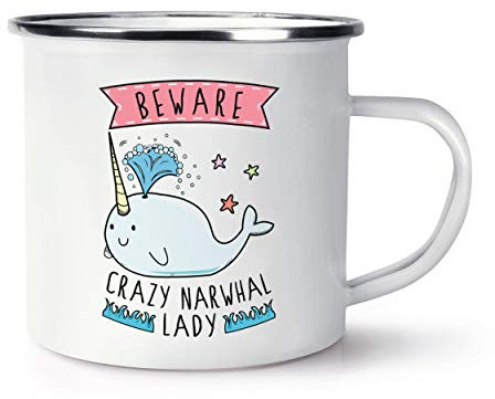 Beware Crazy Narwhal Lady Retro Enamel Mug Cup