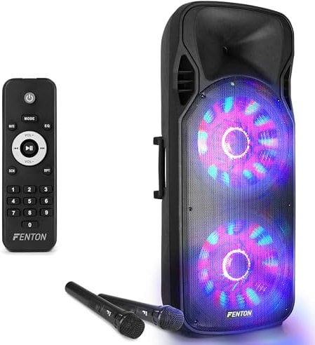 Fenton FT215LED - Altavoz móvil Potente portatil 800 vatios Equipado con Bluetooth, Reproductor MP3 USB/SD micrófono inalámbrico 2 Altavoces de 15 con batería incorporada e iluminación LED