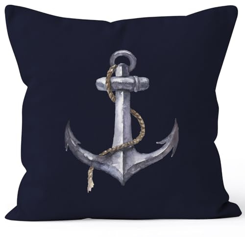 Autiga Kissenbezug Anker Blumen Wasserfarben Anchor Watercolor Kissen-Hülle Deko-Kissen Baumwolle Navy Unisize