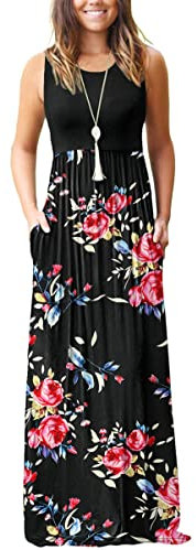 AUSELILY Robe Longue d'été sans Manches pour Femmes Robe Longue Décontractée avec Poches Fleur Noir S