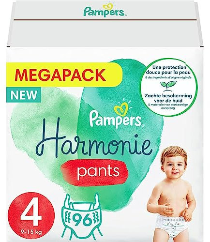 Pampers Harmony Pants Größe 4 (9-15kg) 0% Kompromiss, 100% Saugfähigkeit, pflanzliche Inhaltsstoffe, leicht zu wechseln, 96 Windeln (4x24er Pack)