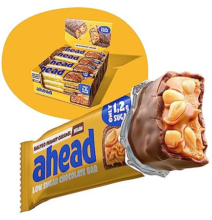AHEAD Veganer Süßigkeiten Riegel – Salted Peanut Caramel – 16 x 35g – Keto Riegel mit zuckerfreier Schokolade – nur 5g Net Carbs pro Low Carb Süßigkeit - Verbesserte Rezeptur