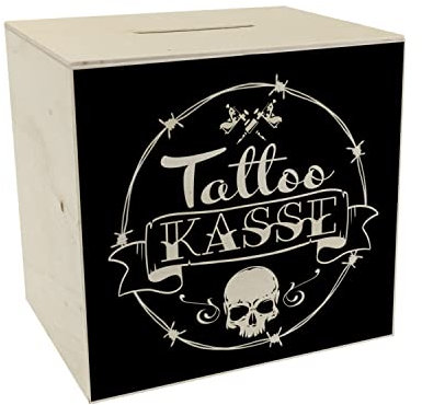 Spardose aus Holz mit coolen Tattoo-Motiven in schwarz - Tattookasse als Geschenk für Punks und Verrückte Freunde die Sich gerne tätowieren Lassen Aber Nicht Immer das nötige Geld