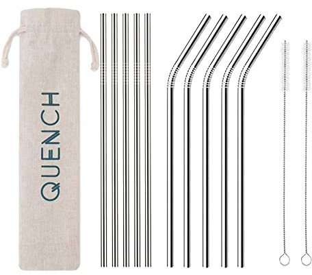 DS Living 12 Pcs Stainless Steel Reusable Metal Drinking Straws, Set of 10 + 2X Free Cleaning Brushes and Free Carry Pouch (10 Straw + 2 Brush Pack)