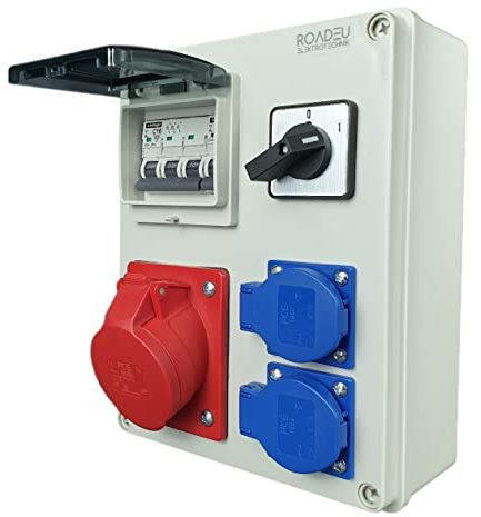 RoadEu Stromverteiler 16A 5P, 2x Schuko Steckdosen mit Hauptschalter 0-1. CEE Verteiler mit Sicherungsautomat C 16A 3P, C 16A 1P. Baustromverteiler 16A. Stromverteiler Aussen Wasserdicht IP44