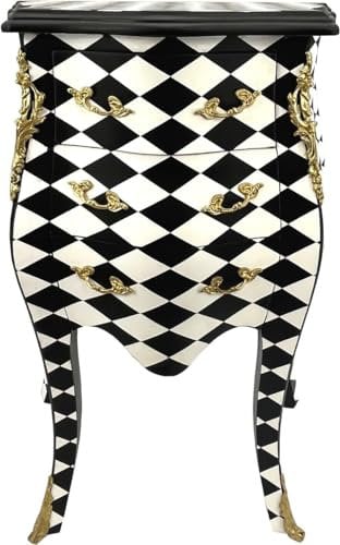 Casa Padrino Barock Kommode Karo Design Schwarz/Weiß/Gold - Handgefertigte Barockstil Nachtkommode mit 3 Schubladen - Barock Möbel - Schlafzimmer Möbel im Barockstil - Edel & Prunkvoll