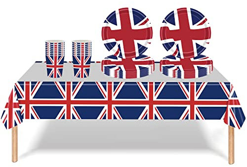 33Pcs Union Jack Tableware Set, Union Jack Party Supplies, Union Jack Paper Cups Paper Plates Tablecloth, British Decorations, UK British Flag Tableware for Union Jack Sport Event Game Party Supplies