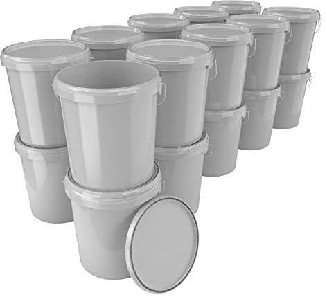 50x Eimer mit Deckel 16 Liter Grau - lebensmittelecht luftdicht und stabil, Leer Eimer mit Griff und Verschluss Deckel für Lebensmittel Chemie Wand Farbe Waschpulver Klebstoffe geeignet