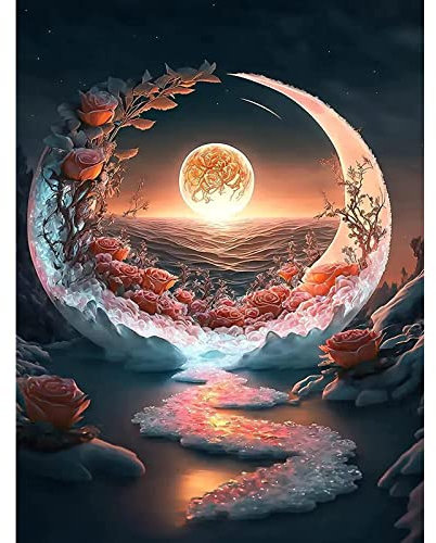 QENSPE 5D Diamond Painting Rosen Diamant Painting Bilder Mond Diamond Painting Erwachsene Fantasie Full Diamant Bilder Malerei Stickerei Set Kreuzstich Bilder Home Wand Dekor 30x40cm