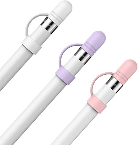 AHASTYLE 3 Stück Apple Pencil Kappe Silikon Cap Anti-Lost Ersatzkappe Zubehör Kompatibel mit Apple Pencil 1. Generation (Weiß+Lila+Rosa)