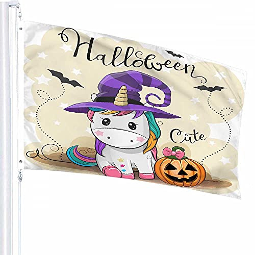 Einhorn-Flaggen-, 90 x 150 cm, Halloween, niedliches Pferd, Tier, Kürbis, Cartoon, bezaubernde Fledermaus, Regenbogenhut, Polyester, bedrucktes Muster, Outdoor- für Häuser und Gä