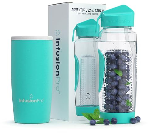 Infusion Pro 32 oz Fruit Infuser Water Bottle with Straw Lid : Insulated Sleeve : 50 Recipe Fruit Infusion eBook : Bottom Loading, Large Water Infuser for More Flavor : Unique Gift Idea