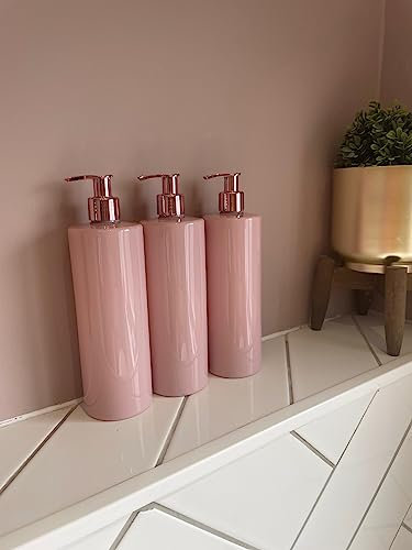 Set of 3 Pink Tubular Plastic 500ml Reusable Soap Pump Dispenser Bottles with Rose Gold Pink pump. 3 Pcs empty refillable bathroom bottles.