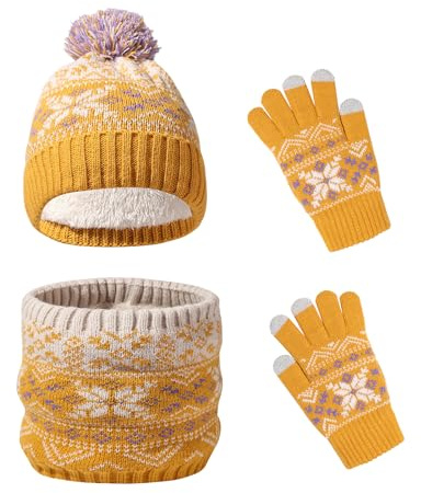 Waylipun Kinder Wintermütze Schal Handschuhe Set, 3 in 1 Warm Winte Strickmütze Kinder Mütze Set mit Plüsch Innenfutter für 2-7 Jahre Kinder Jungen Mädchen