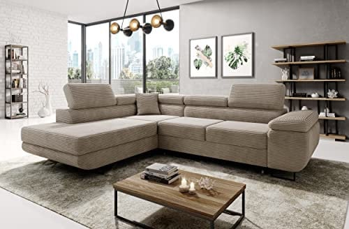 Easy4You Ecksofa Beige Avatar Kord L-Form – 277x73x203 cm - Schlafsofa mit Bettkasten und Schlaffunktion - Eckcouch mit Stauraum – Links – Stoff Kord POSO 02