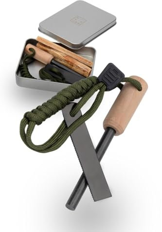 LAMBDA COFFEE® Ember Feuerstahl Inkl. Metalldose zum Zunder sammeln & Kienspan I Magnesium Feuerstarter mit Holzgriff & Paracord I I Feuerstein Survival I Feuerstahl Outdoor
