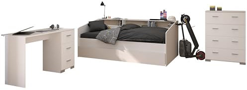 Parisot Jugendzimmer Sleep 44 4teilig Weiß Jugendzimmer Möbel mit Stauraumbett, Bettschubkästen, Schreibtisch und Kommode