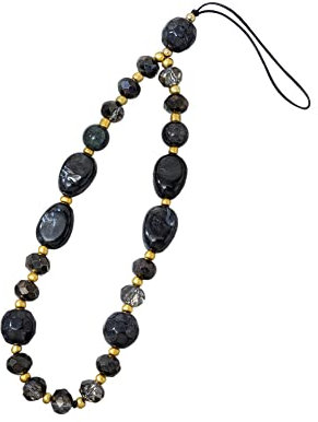 JAWSEU Correa de mano, cuentas naturales de piedras preciosas para teléfono móvil, correa de muñeca con cuentas, correa para teléfono antipérdida, bonito colgante para niñas, color negro, tela